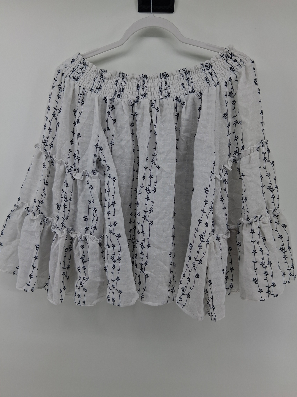 Umgee White Tiered Skirt with Navy Floral Stripe Embroidery